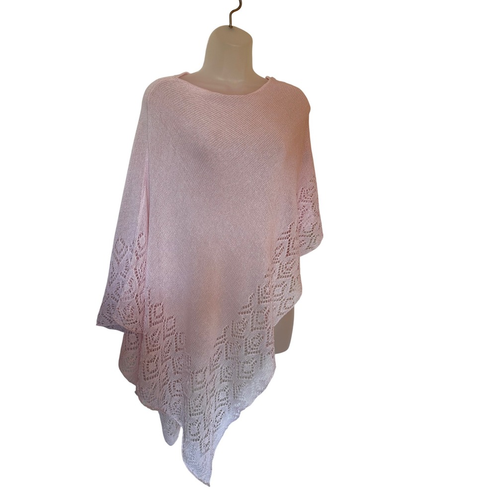 Pink Ramie Blend Knit Poncho Crochet Lace Trim Asymmetric Wrap One Size